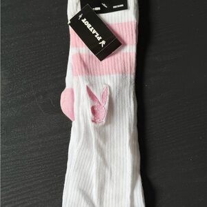 ***SOLD DO NOT BUY***PLAYBOY White and Pink Ribbed over the knee socks